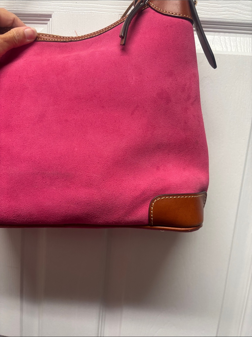 Dooney & Bourke Pink Suede Hobo Shoulder Bag & Brown Leather Trim Gold Hardware - Picture 4 of 11